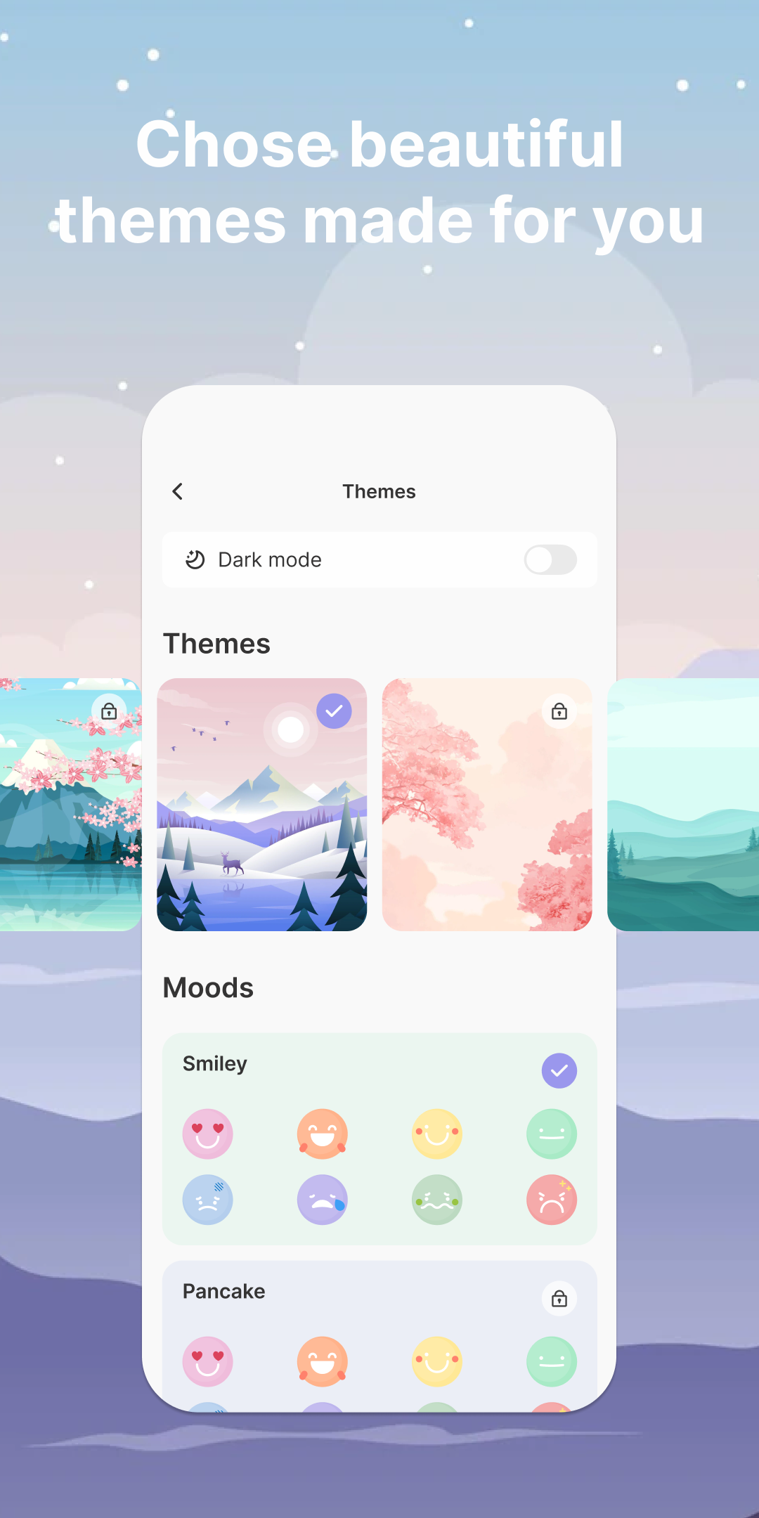 Choose beautiful themes made for you — theme and mood pack picker