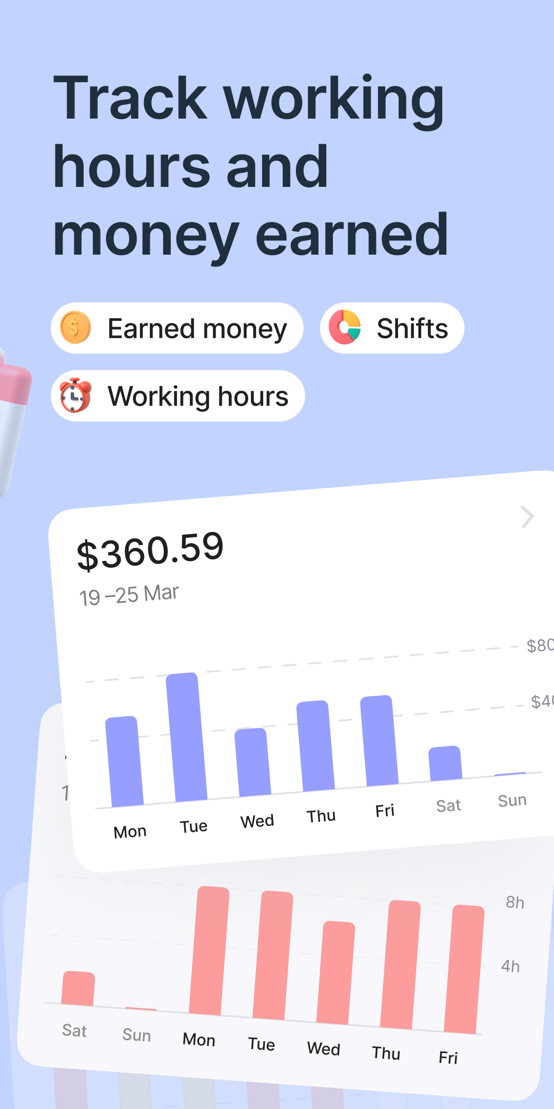 Track working hours and money earned — weekly earnings and hours charts